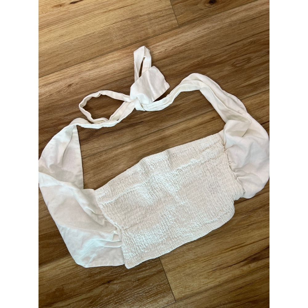 M Halter Crop Top Boho Coastal White Smocked Linen Blend Eurosummer Coastal Chic